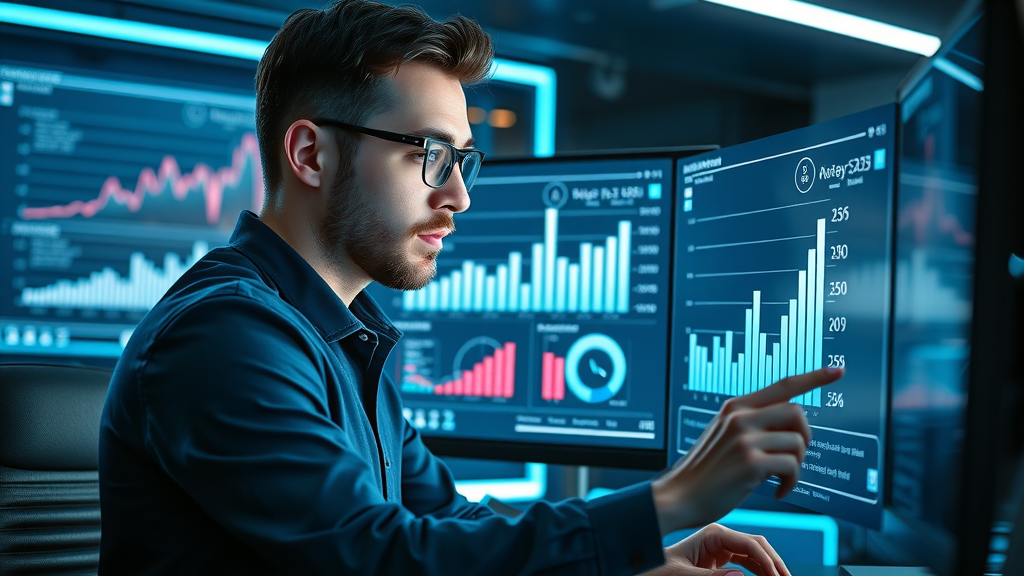 advanced advertiser on computer screen analyzing A/B split test results, reviewing ad performance graphs, digital environment with data overlays