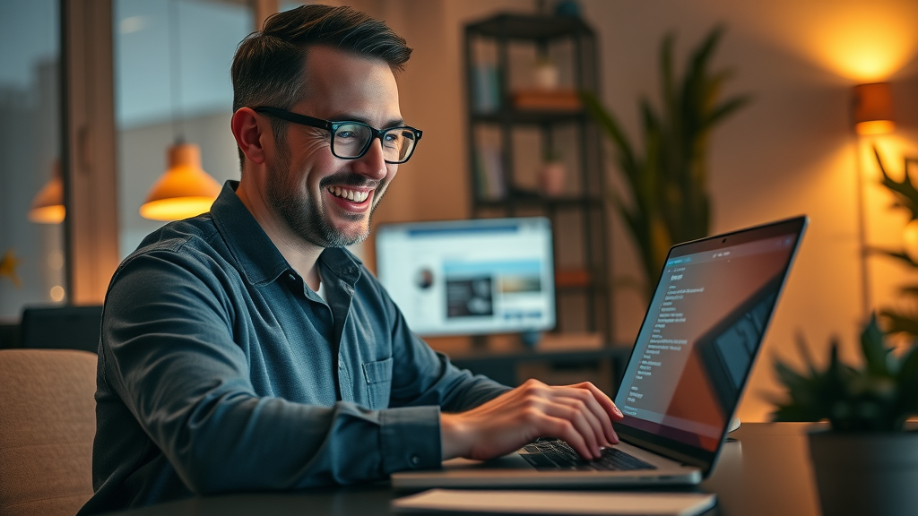 professional advertiser automating Facebook ad process on laptop, interacting with automation tools, office setting with glowing laptop