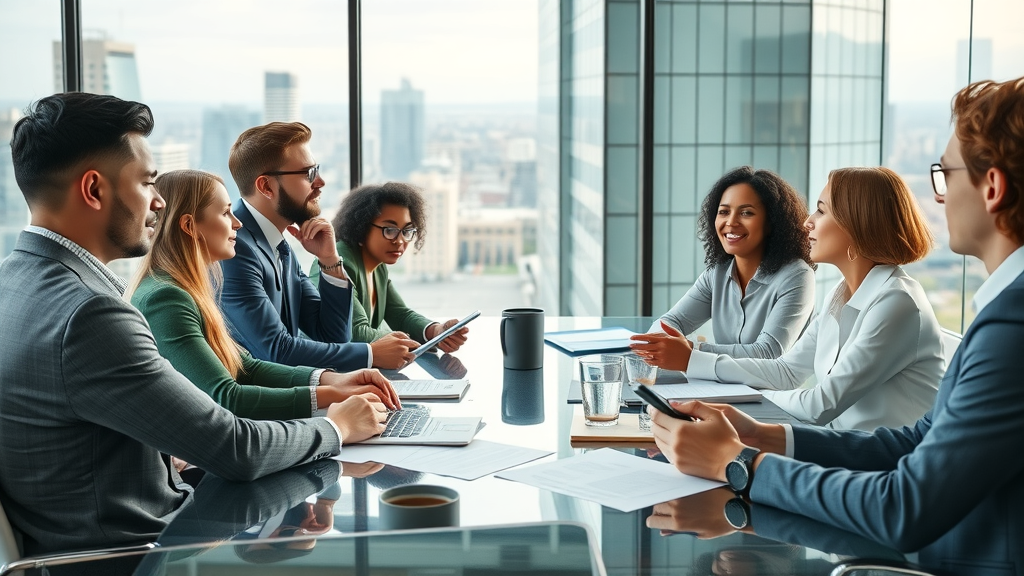 Corporate communication in an insightful business meeting scene, professionals of diverse backgrounds, collaborating and discussing around a modern conference table. Glass-walled corporate boardroom with cityscape visible outside.