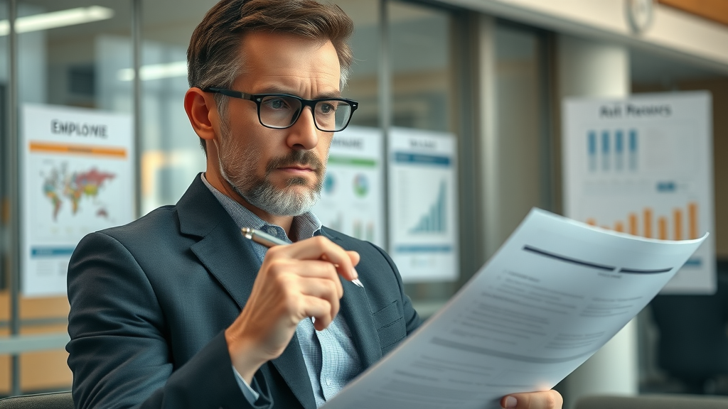 Internal corporate communication: Concerned human resources manager, thoughtful expression, reviewing employee feedback reports. Contemporary office with glass partitions and bulletin boards showcasing charts and graphs.