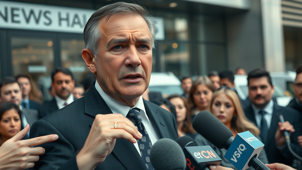 Crisis communication: Stressed corporate spokesperson, worried expression, facing a crowd of reporters with microphones outside company headquarters with branded glass doors and news vans.