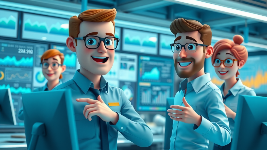 Communications department managing external communication and stakeholder relations: Professional communications team collaborating and managing digital dashboards in a corporate open-office with large digital screens displaying analytics.