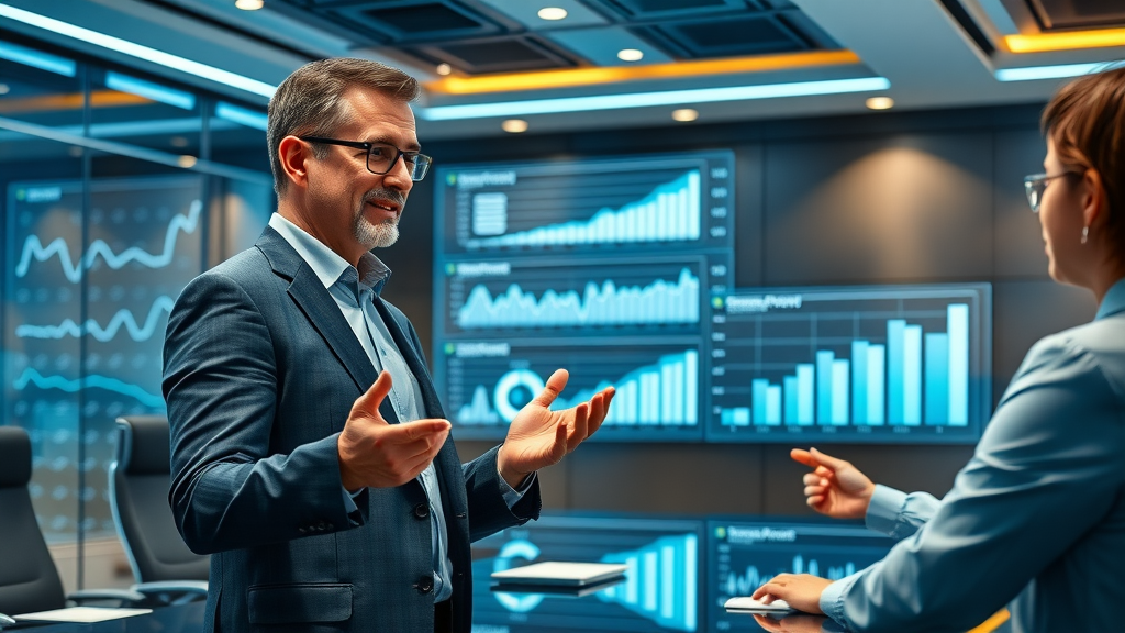 Corporate analytics presentation: Confident executive explains communication metrics with holographic displays to colleagues in a cutting-edge conference room.