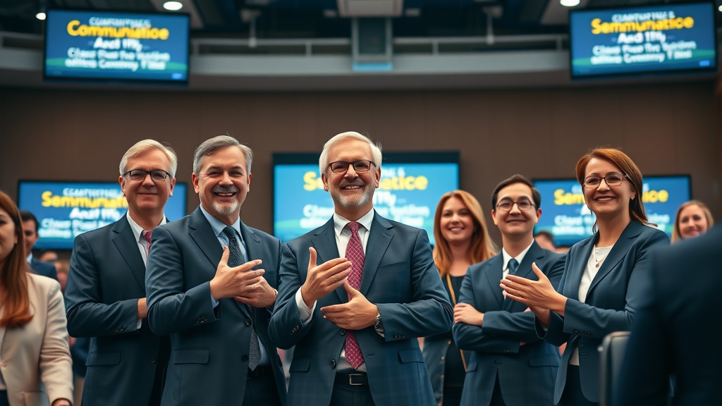Internal and external communication: Unified leadership team presenting aligned communication strategy to staff in a modern auditorium with digital display boards showing synchronized messages.