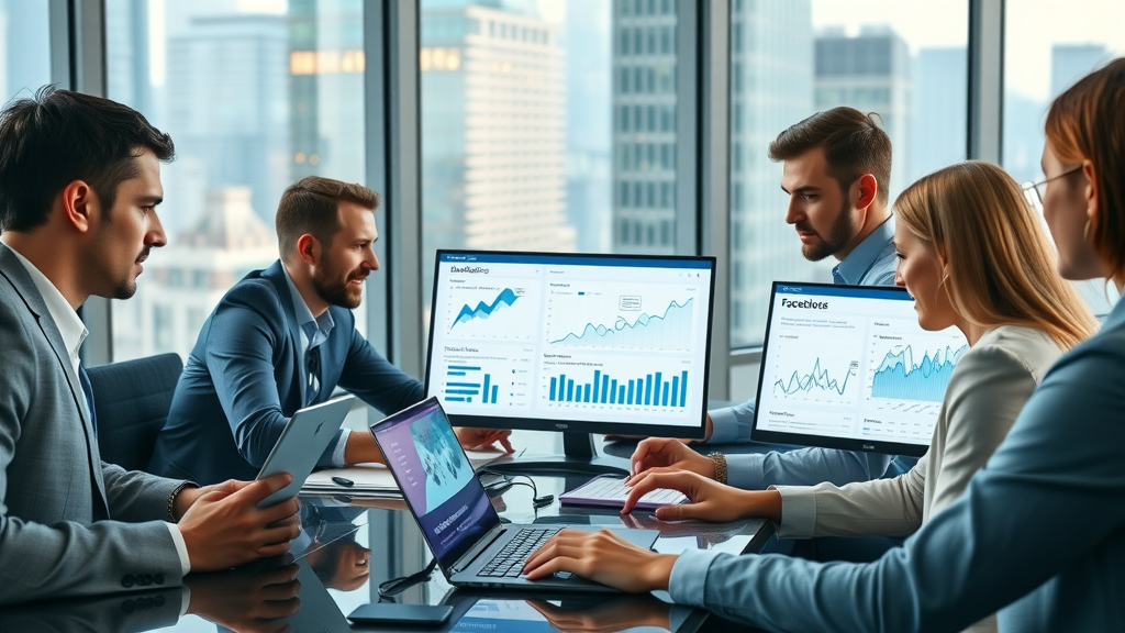 Professionals reviewing Facebook Insights Analytics dashboards for audience insights and social media engagement