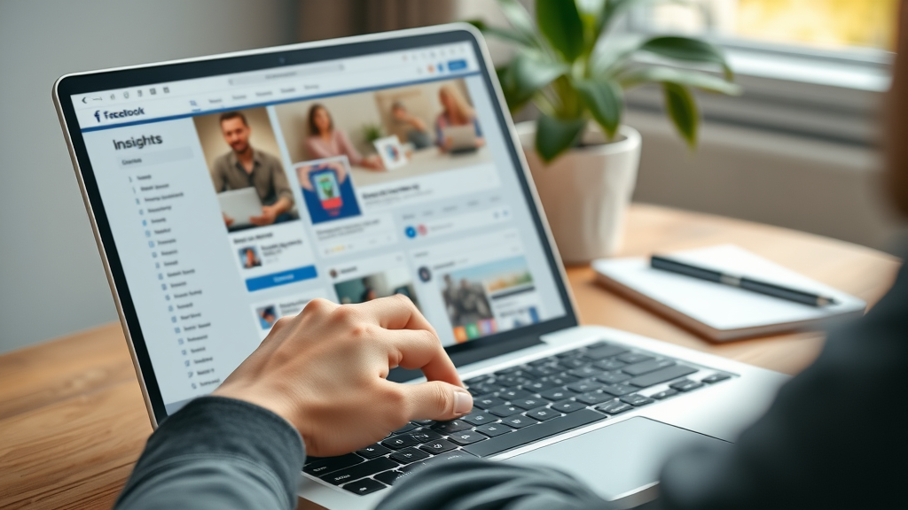 Clear UI screenshot showing Facebook Insights tab highlighted on a laptop for handy social media analytics