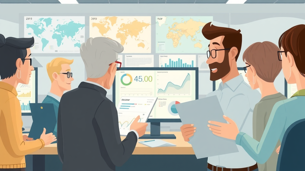 Infographic characters analyzing Facebook Audience Insights by age and location demographics for better targeting