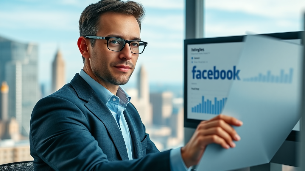 Professional using analytics dashboards to compare Facebook page metrics and perform competitor benchmarking