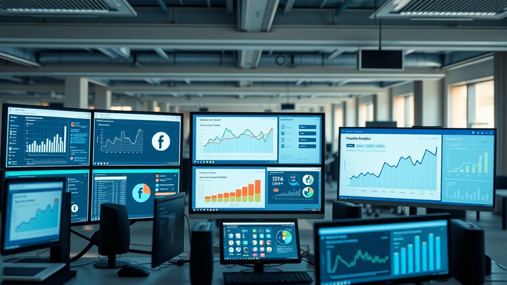 High-tech workspace with multiple analytics software tools integrating Facebook Insights Analytics for advanced social media reporting