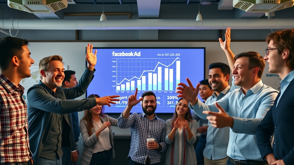 Marketing team celebrating success in Facebook Ad campaign analytics, animated upward graphs and ROI metrics