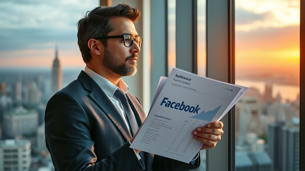 Strategist holding Facebook Analytics report, thoughtful about social media strategy with city view background