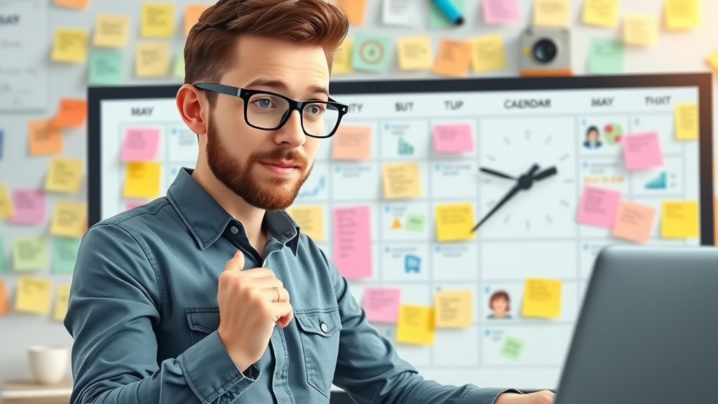 Social media strategist designing a colorful Facebook content calendar, visualizing the importance of a structured posting schedule