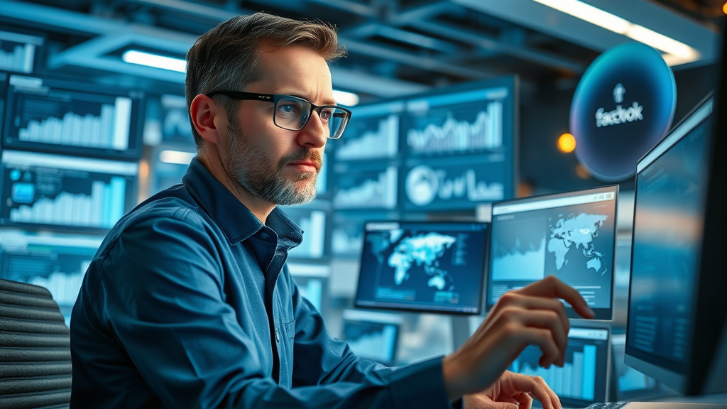 Analyst reviewing Facebook marketing KPIs on dual monitors in a futuristic office, representing strategic data-driven decisions