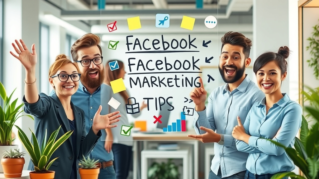 Cheerful team brainstorming top Facebook marketing strategy tips on a glass board, visualizing vibrant social media marketing