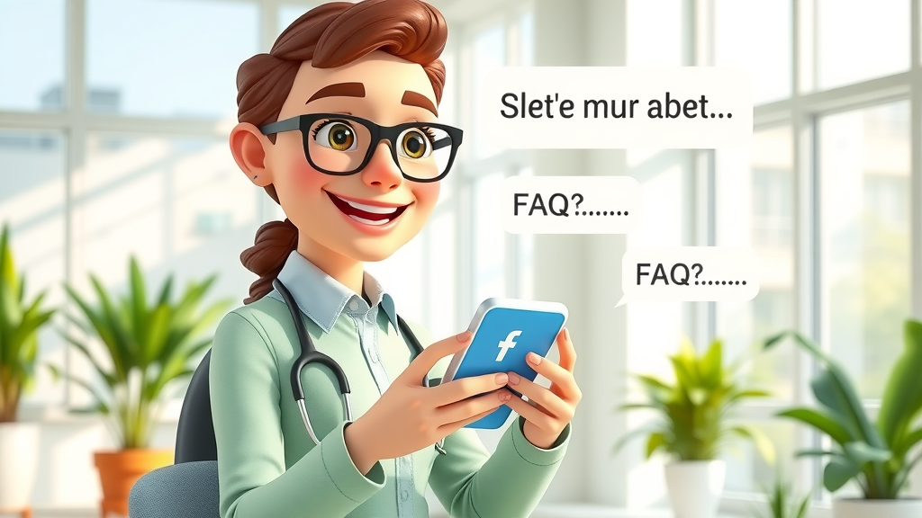 Consultant answering Facebook marketing FAQs on a smartphone, welcoming and approachable, illustrating expert advice