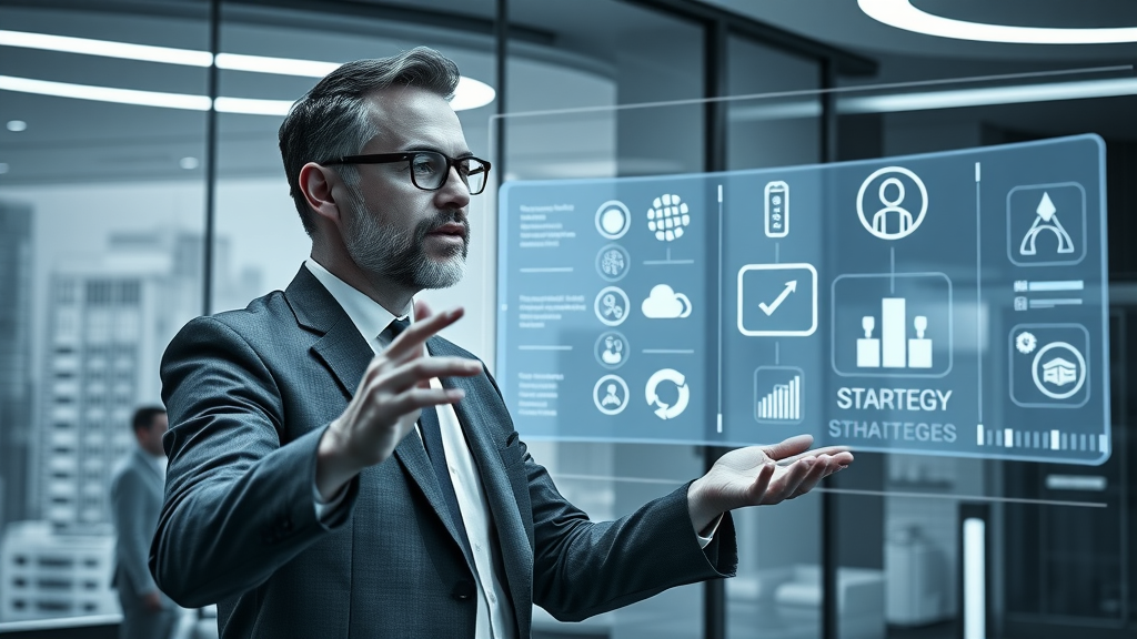 Marketing leader summarizing key facebook marketing strategies on a digital board in a futuristic office