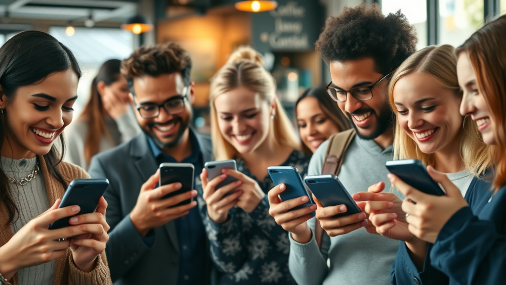 Diverse group of people engaging with Facebook on mobile devices to boost reach