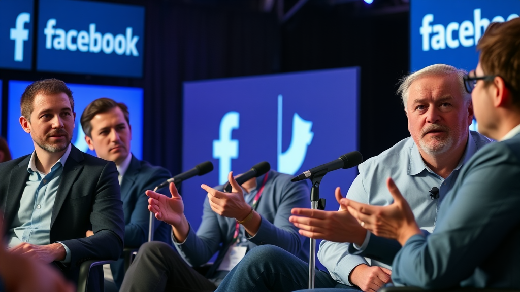 Social media marketing experts sharing Facebook engagement insights on stage