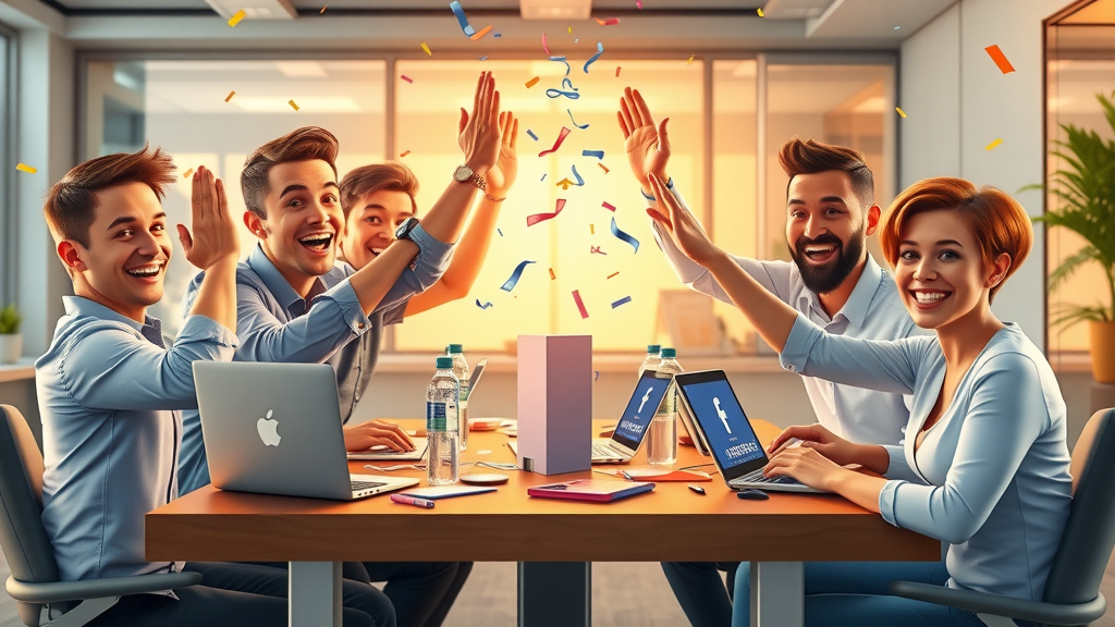 Team celebrating increased Facebook engagement with high-fives and smiles