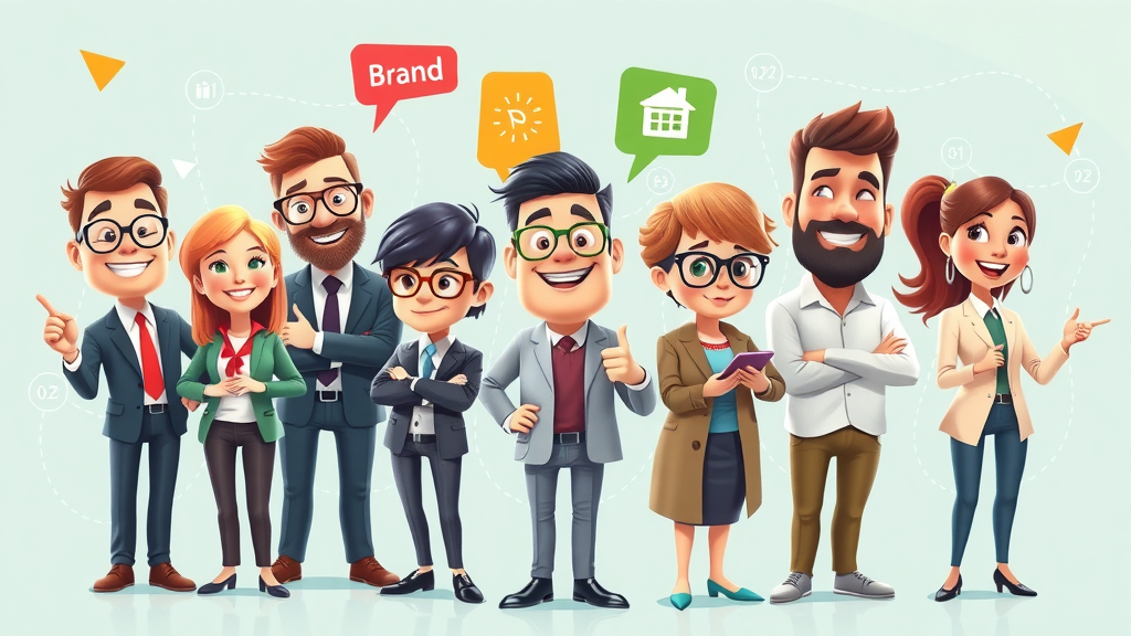 Brand personality archetypes infographic: diverse business characters, color-coded banners