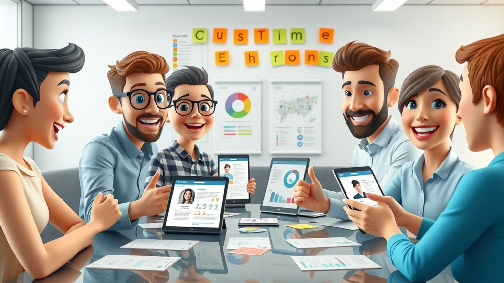 Creative team examining customer personas on tablets, modern meeting room
