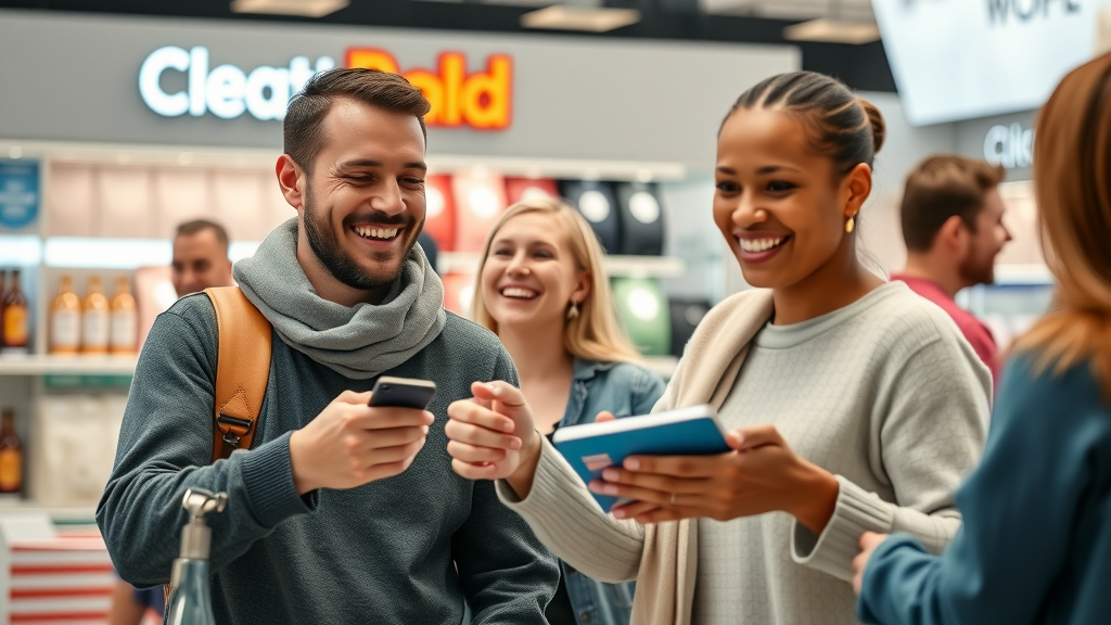Happy loyal customers interacting with branded products, retail environment with brand signage