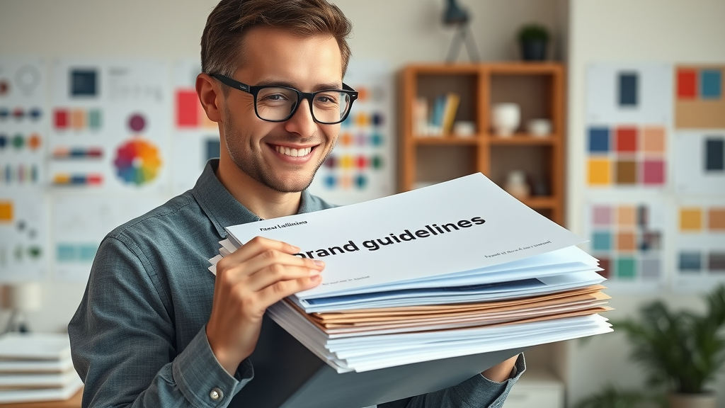 Designer assembling a detailed brand guidelines folder in studio setting