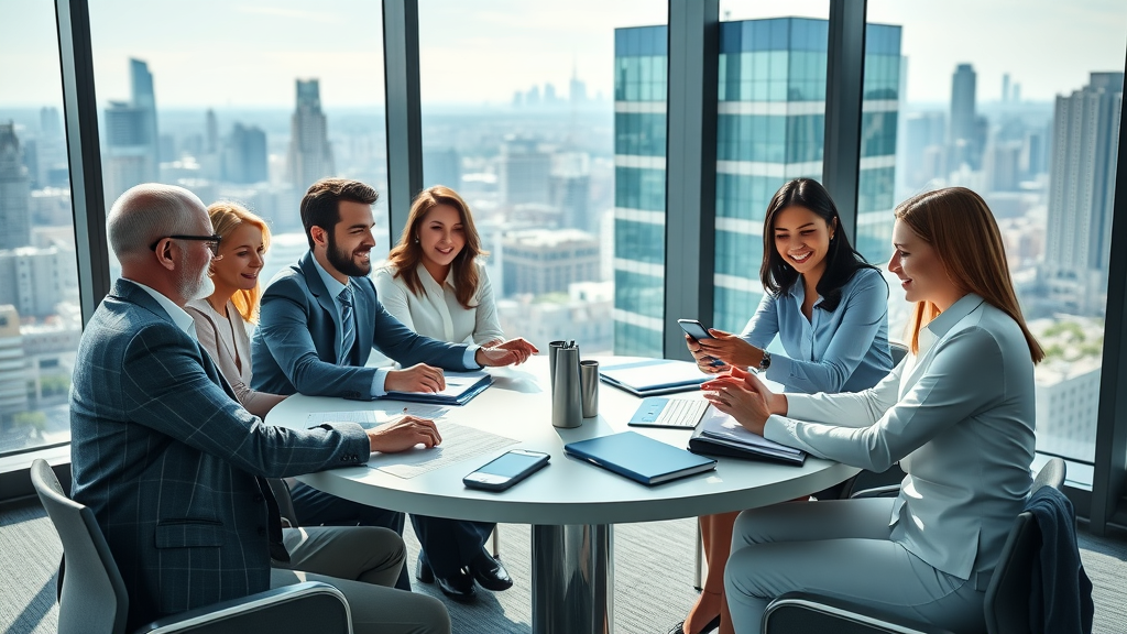 Coordinated business team passing brand materials in glass office, cityscape background