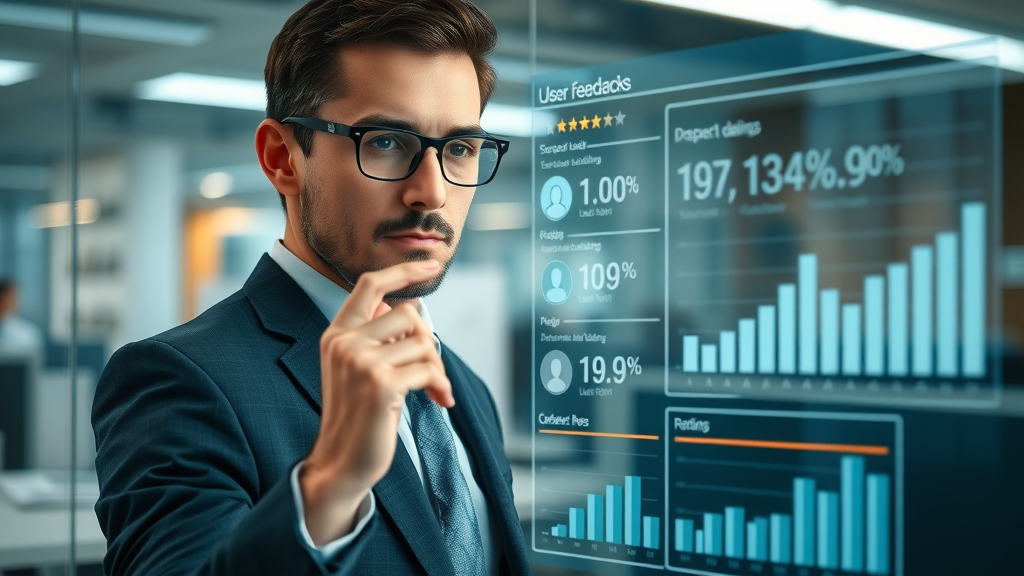 business professional analyzing customer feedback engagement strategy data interactive charts