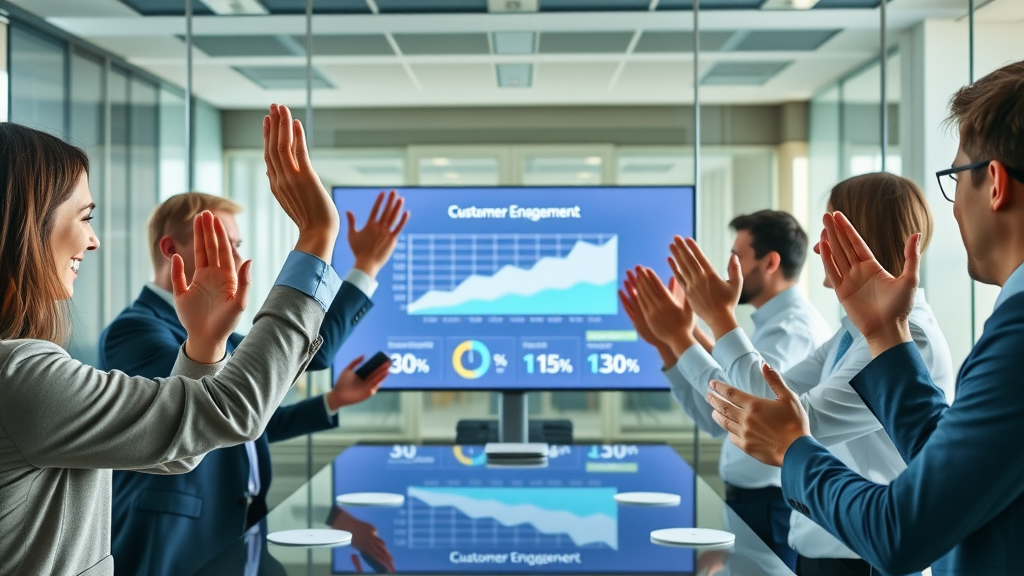 business team celebrating improved customer engagement metrics digital dashboard rising graph