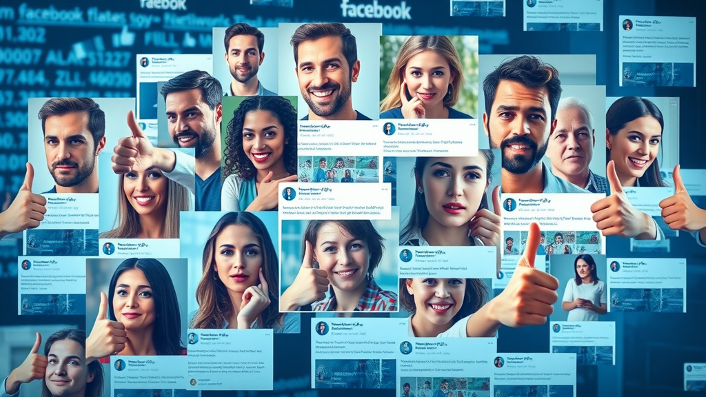 dynamic digital collage of facebook feeds showing diverse user demographics and engagement expressions, facebook content creation