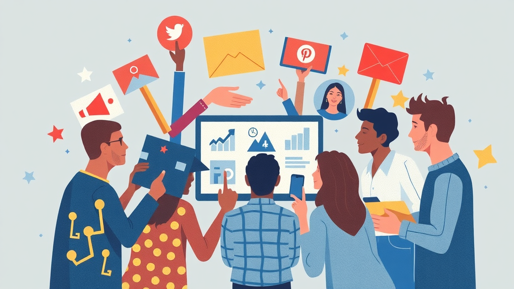 motivational concept image: diverse facebook content creators collaborating for digital marketing success