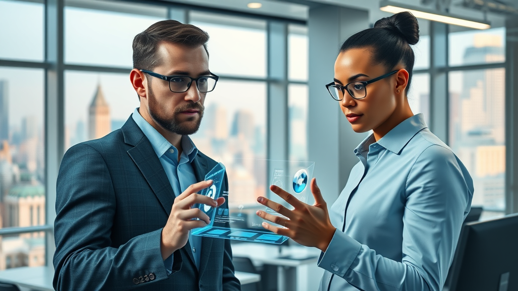 Digital marketing agency marketers collaborating with AI holographic interface in a modern digital marketing landscape, advanced AI and human marketers working together.