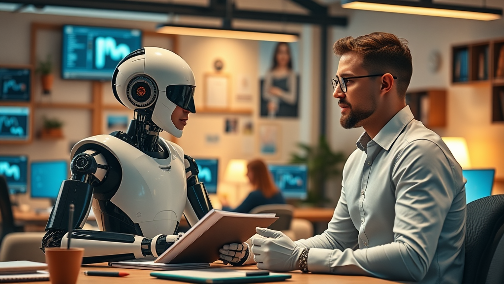 Dynamic digital marketers collaborating with an AI robot in the digital marketing landscape, exploring marketing synergy and campaign innovation between marketers and AI.