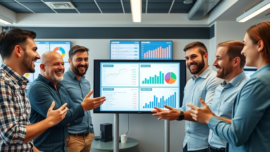 Successful digital marketing team reviewing AI-powered campaign results, marketers and AI collaborating for measurable results and marketing synergy.