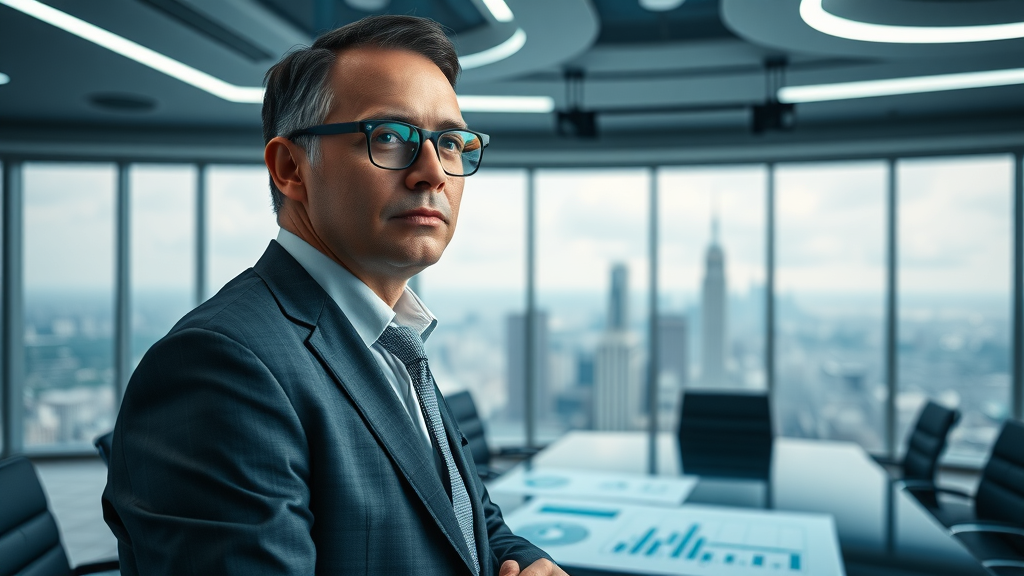 Visionary business executive at the forefront of synergistic intelligence marketing innovation, analyzing digital projections in the modern marketing landscape.