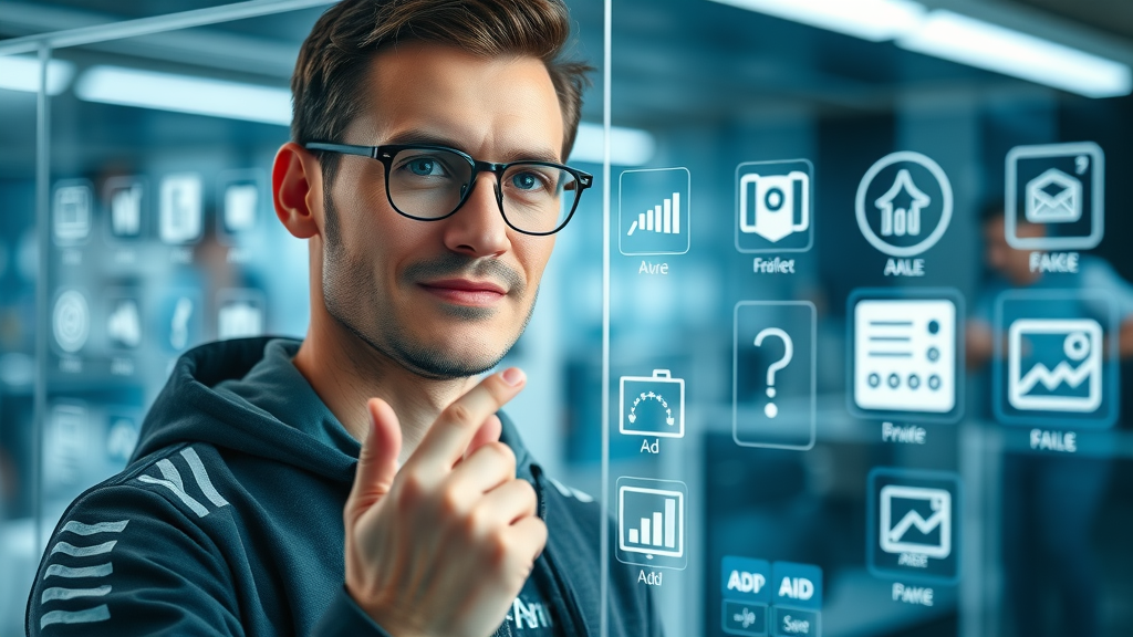 paid social media ads marketer choosing various ad format icons holographically in futuristic workspace
