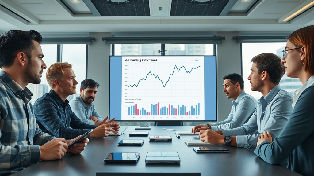 paid social media ad performance analytics review by marketing team, concern over campaign errors in modern conference room