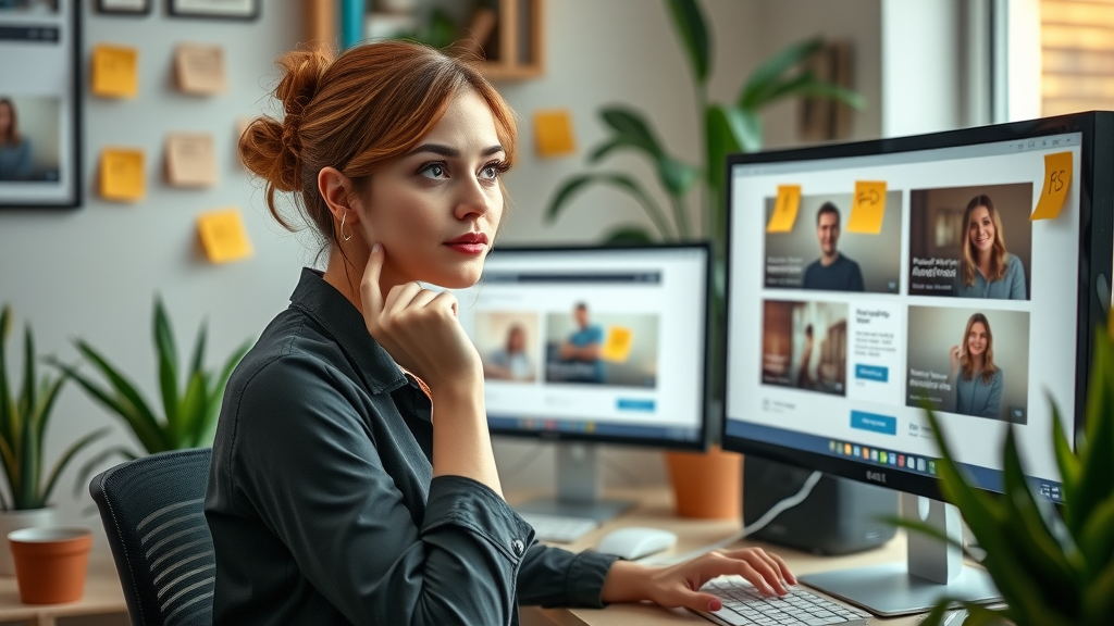 paid social media ads ab testing by confident female marketer adjusting parameters on twin screens in creative office