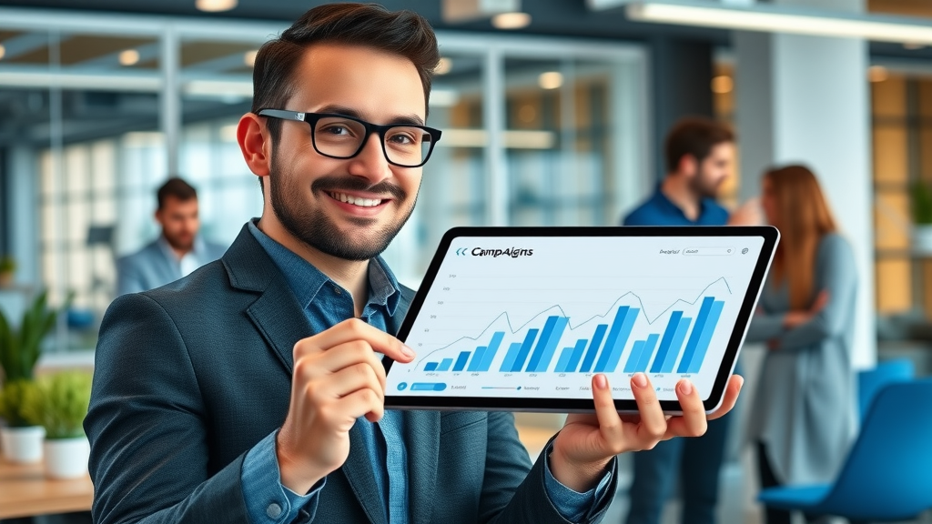paid social media advertising success - marketing lead presenting upward-trending campaign dashboard in creative team setting
