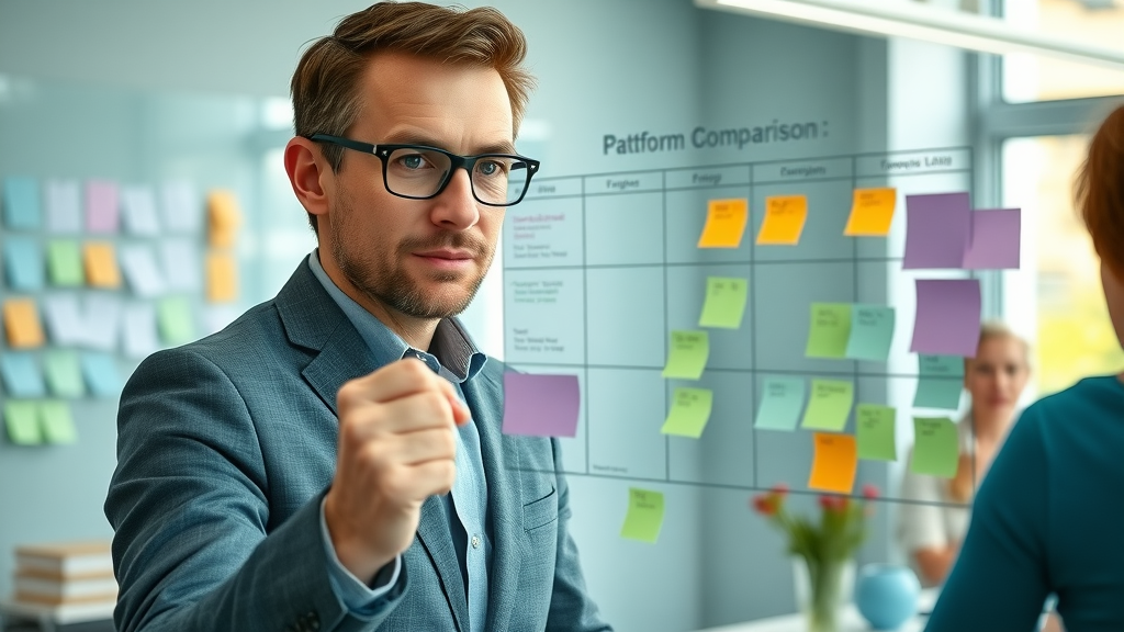 media ad campaign strategist reviewing social media platform charts in creative agency meeting room