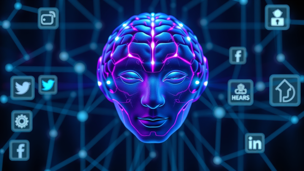 AI brain icon for paid social media advertising automating ad campaigns across platforms, digital network lines