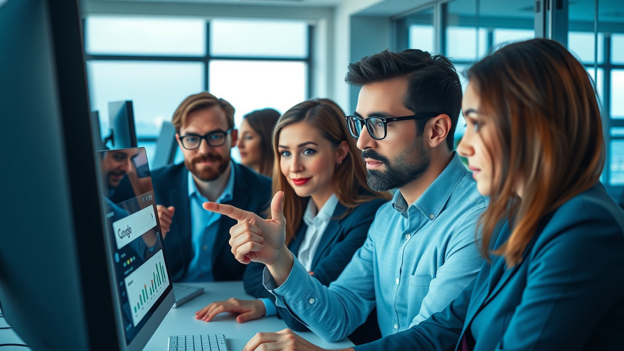 Insightful business professionals discussing new AI-powered Google search generative experience in a modern office with visible computer screens. All people’s faces, limbs, hands, and fingers are positioned naturally.