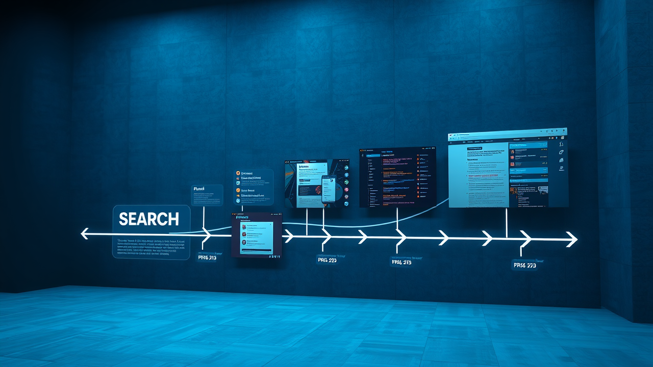 Evolution timeline: Clear transitions from retro search engine designs to the modern AI-driven Google Search Generative Experience interface. All expressions and positions are natural.