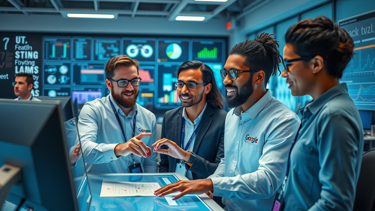Innovative tech lab setting with diverse Google engineers collaborating, interacting with futuristic touch screens displaying experimental search features in Google Search Labs. All faces and body parts are natural.