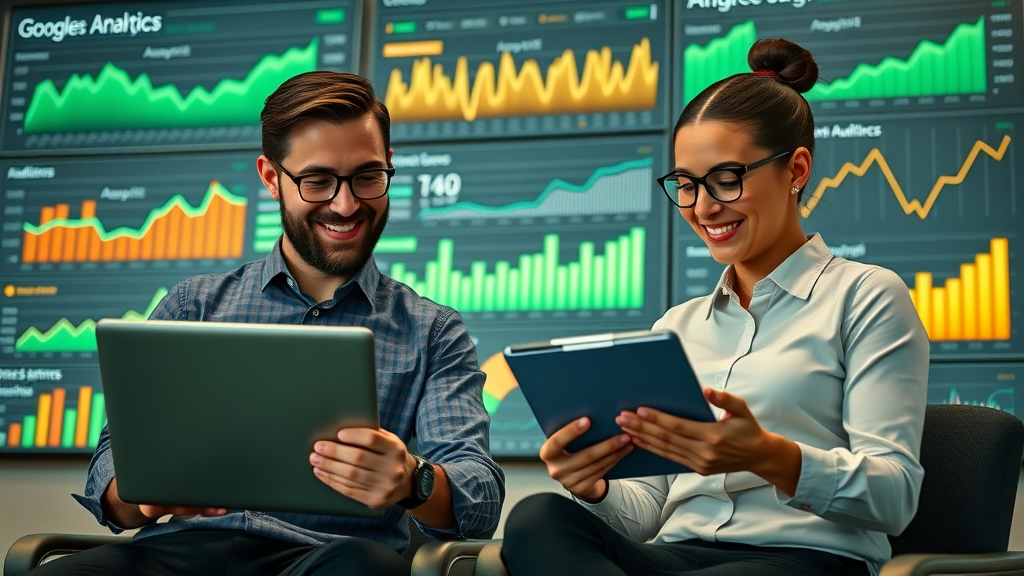 Business professionals and digital marketers collaborating on laptops, analyzing Google SGE analytics with audience growth charts in the background. All faces and body positions are natural.