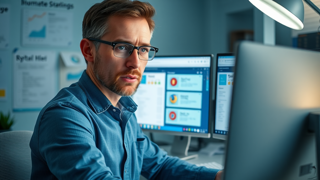 SEO expert analyzing website data on dual monitors with visible AI snippets and schema markups for Google Search Generative Experience. All office and body positions are natural.