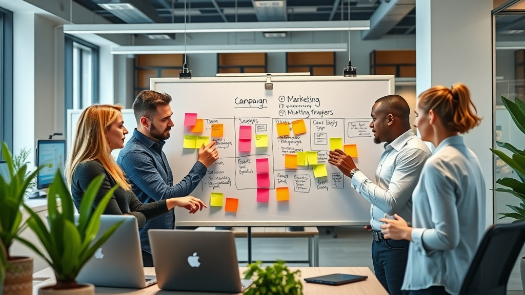 Team collaborating at digital marketing strategy board, discussing high converting online local marketing, photorealistic, modern workspace, vibrant professional colors, granular texture, office lighting, collaboration, 24mm lens