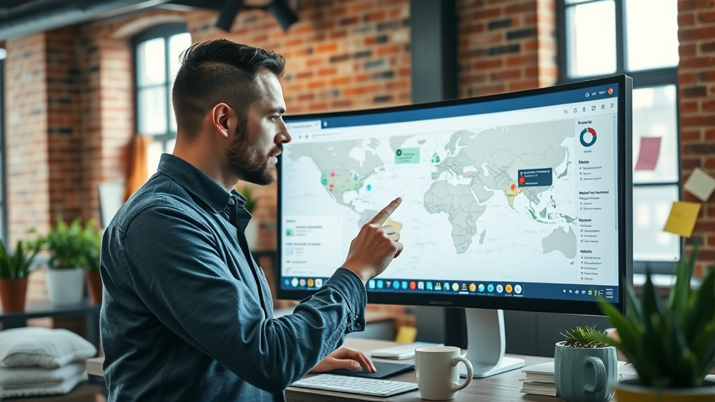 SEO specialist analyzing local search map, local SEO for high converting online local marketing, photorealistic, urban office, advanced clarity, cool and earthy tones, daylight, 85mm lens