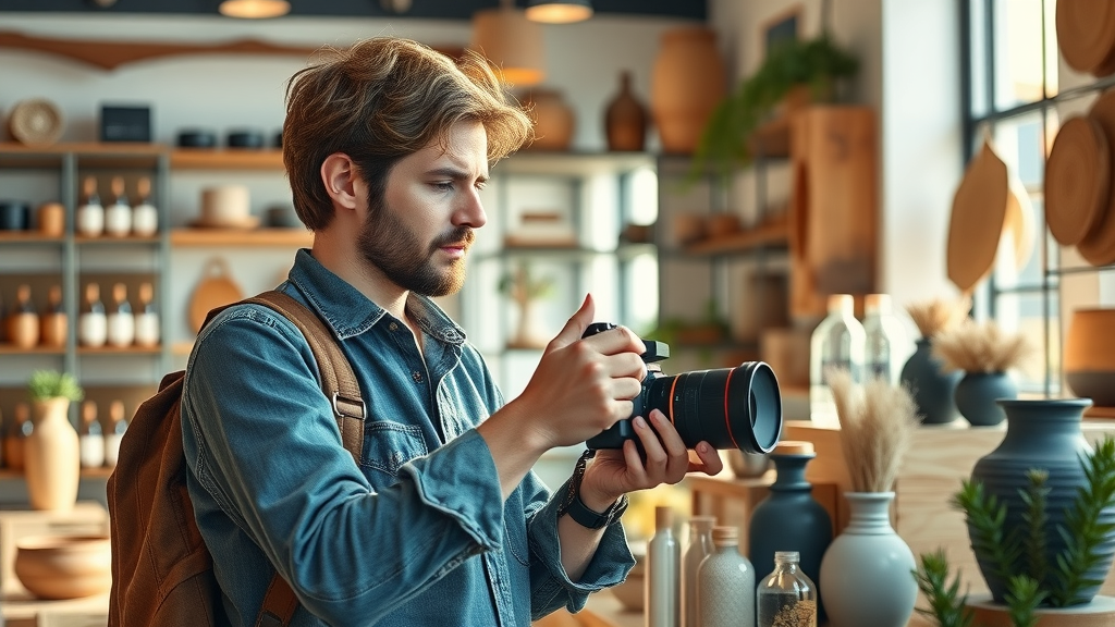 Local content creator photographing products for blog, content marketing for high converting online local marketing, photorealistic, boutique, directional sunlight, rustic contemporary, 50mm lens